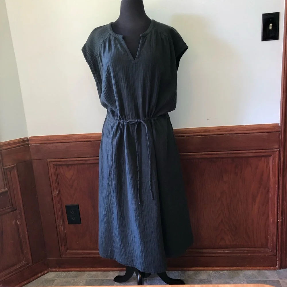 Pact Organic Cotton Coastal Double Gauze Tie Waist Midi Dress - Picture 1 of 8